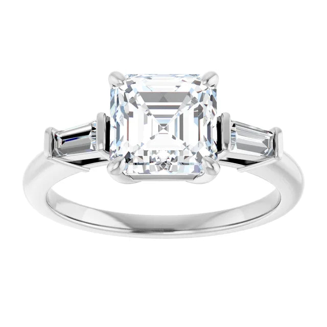 Asscher White Gold Baguette Accent Moissanite Engagement Ring 