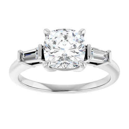 Cushion White Gold Baguette Accent Moissanite Engagement Ring 