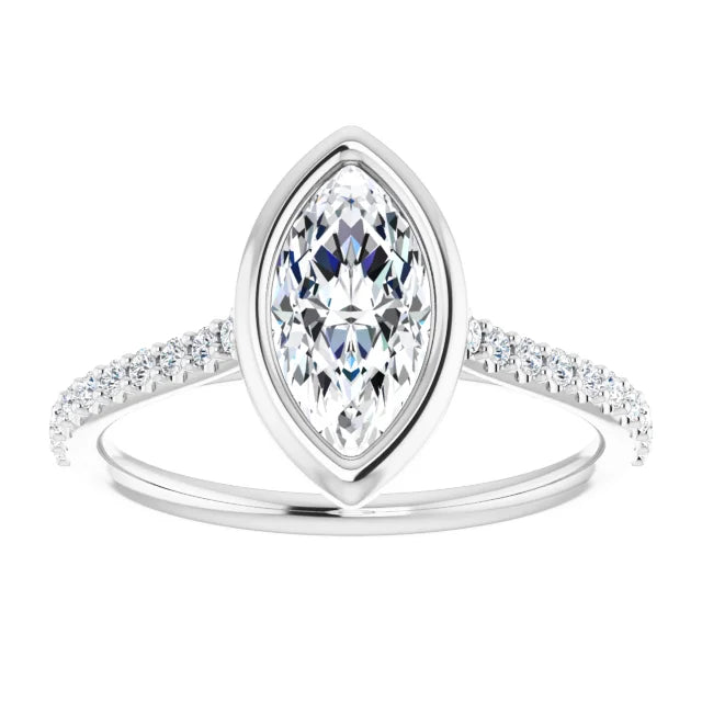 Marquise White Gold Bezel Pave Moissanite Engagement Ring 