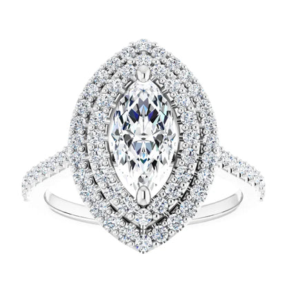 Marquise Double Halo White Gold Moissanite Engagement Ring 