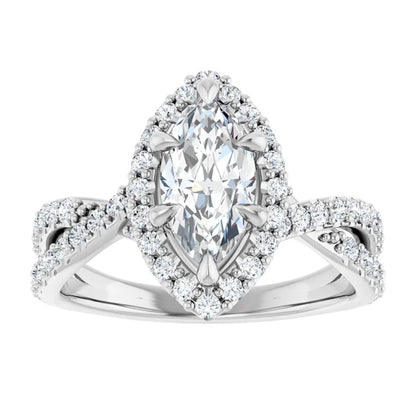 Marquise White Gold Twist Band Halo Moissanite Engagement Ring  