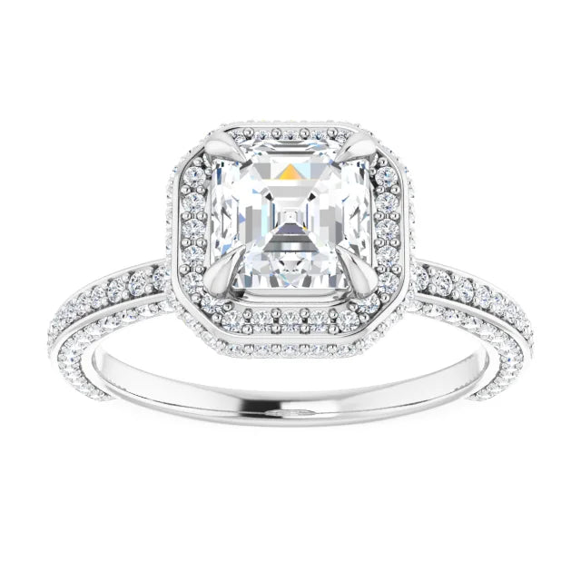 Asscher White Gold Halo Pave Style Moissanite Engagement Ring 