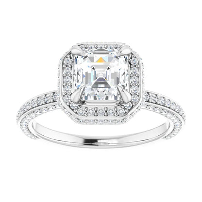 Asscher White Gold Halo Pave Style Moissanite Engagement Ring 
