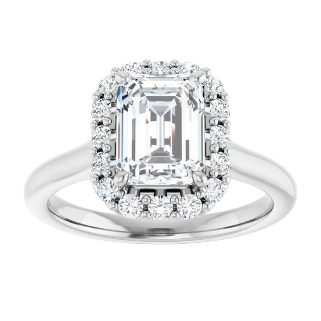 Emerald Halo Solitaire White Gold Moissanite Engagement Ring 