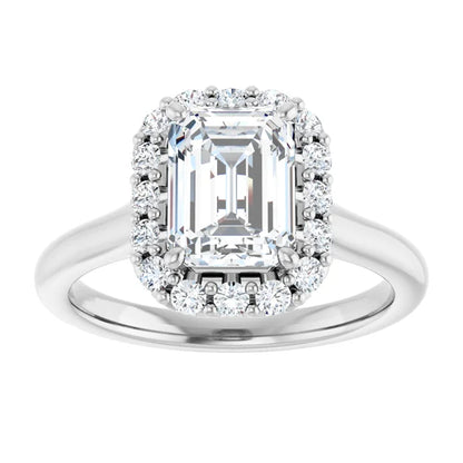Emerald Halo Solitaire White Gold Moissanite Engagement Ring 