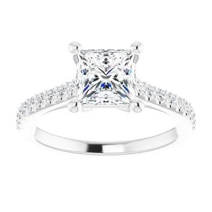 Princess White Gold Pave Style Moissanite Engagement Ring 