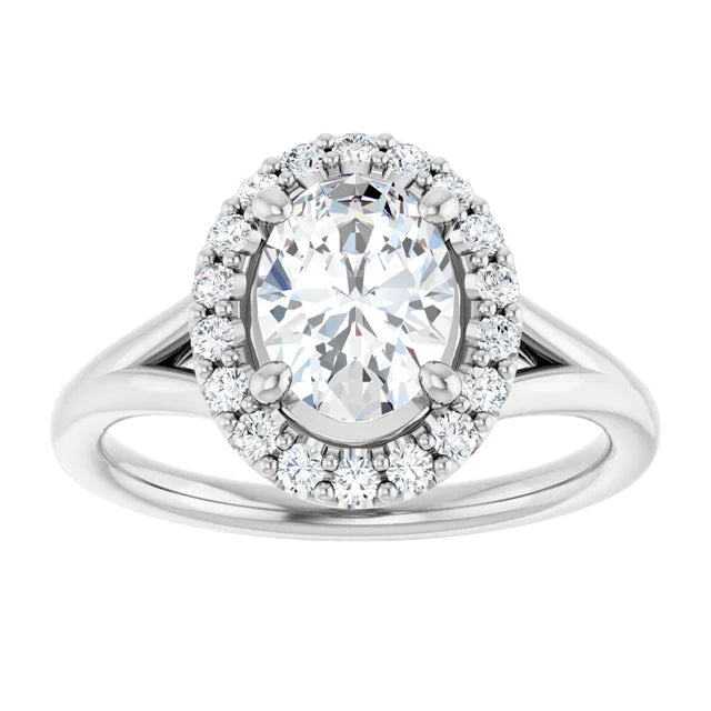 Oval White Gold Halo Solitaire Split Band Moissanite Engagement Ring 