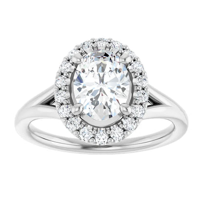Oval White Gold Halo Solitaire Split Band Moissanite Engagement Ring 