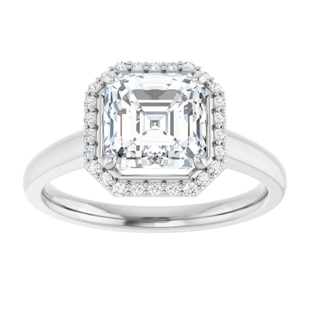Asscher Halo Solitaire Engagement Ring White Gold. Moissanite