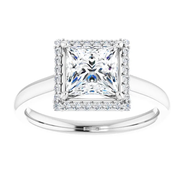 White Gold Princess Halo Solitaire Engagement Ring. Moissanite  