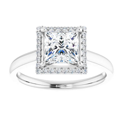 White Gold Princess Halo Solitaire Engagement Ring. Moissanite  