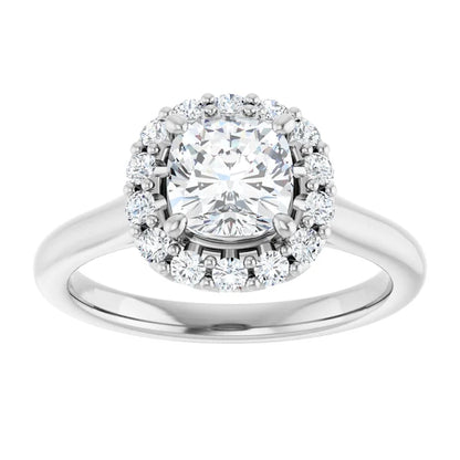 Cushion Halo Solitaire White Gold Moissanite Engagement Ring 