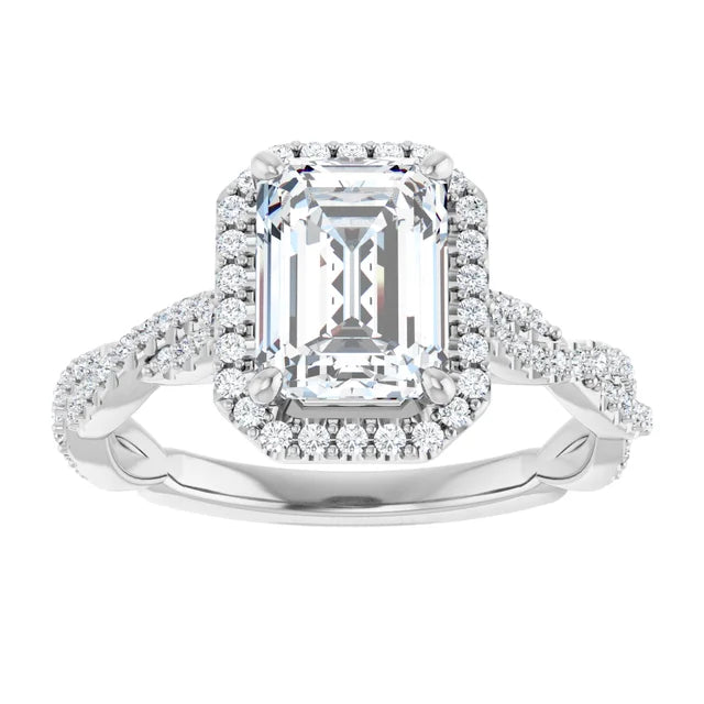 Emerald White Gold Halo Twist Pave Moissanite Engagement Ring 