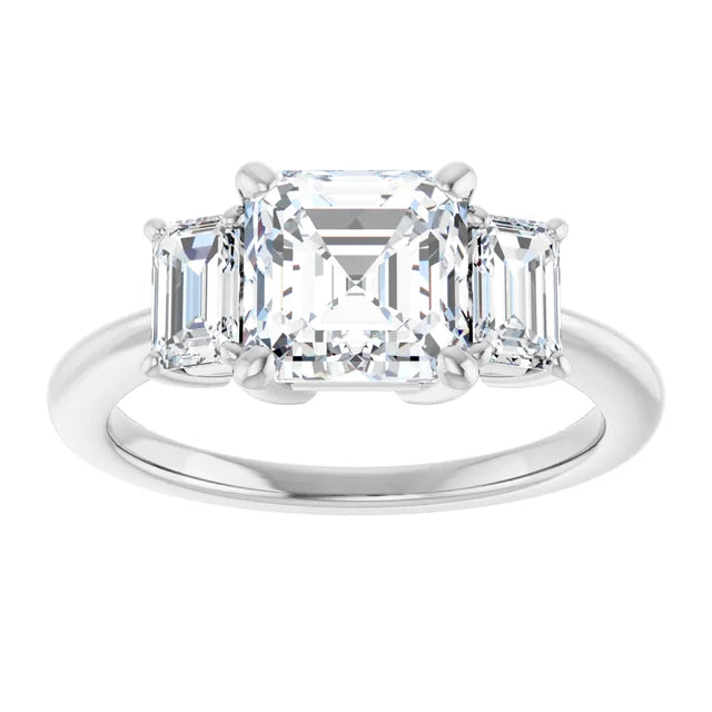Asscher White Gold Tri Stone Moissanite Engagement Ring 
