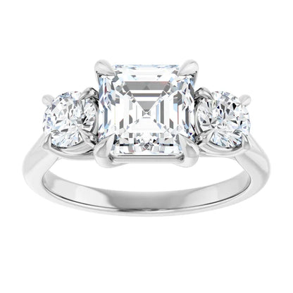Asscher White Gold Tri Stone Moissanite Engagement Ring 