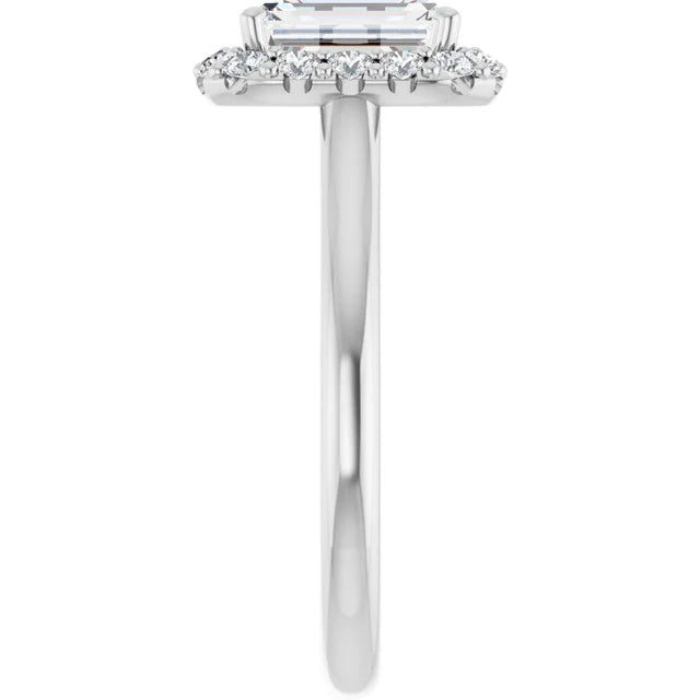 Emerald Halo Solitaire White Gold Moissanite Engagement Ring 