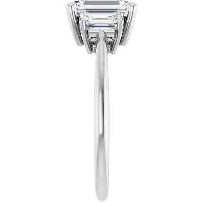 Emerald White Gold Tri Stone Moissanite Engagement Ring 