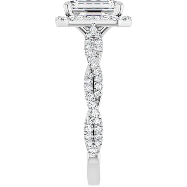 Emerald White Gold Halo Twist Pave Moissanite Engagement Ring 