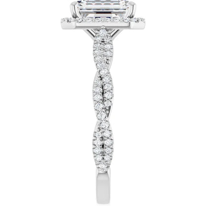 Emerald White Gold Halo Twist Pave Moissanite Engagement Ring 