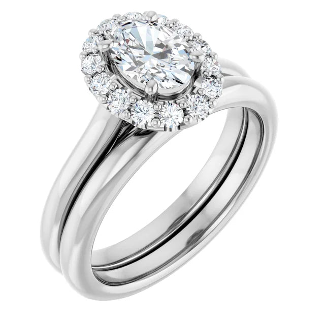 Oval Halo Solitaire White Gold Moissanite Engagement Ring 