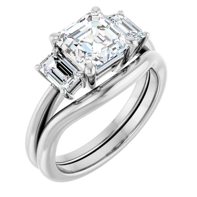 Asscher White Gold Tri Stone Moissanite Engagement Ring 