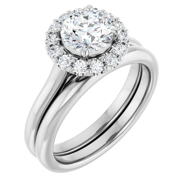Round Brilliant Halo Solitaire White Gold Moissanite Engagement Ring 