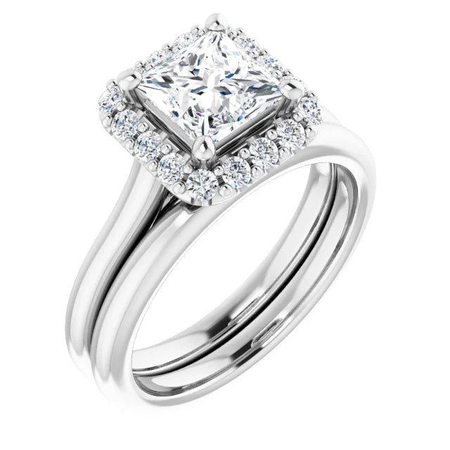 Princess Halo Solitaire White Gold Moissanite Engagement Ring 