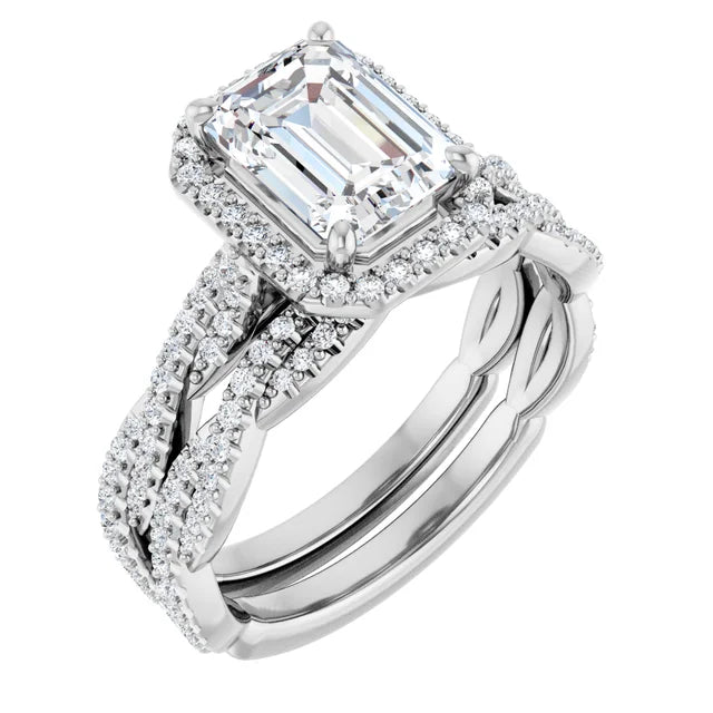 Emerald White Gold Halo Twist Pave Moissanite Engagement Ring 
