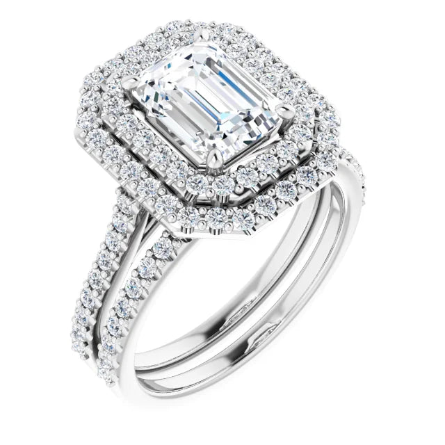 Emerald Double Halo White Gold Moissanite Engagement Ring 