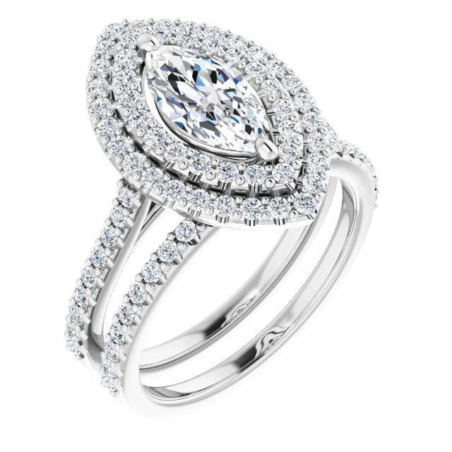 Marquise Double Halo White Gold Moissanite Engagement Ring 