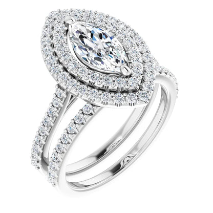Marquise Double Halo White Gold Moissanite Engagement Ring 