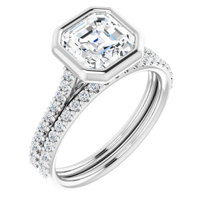 Asscher White Gold Bezel Pave Moissanite Engagement Ring 