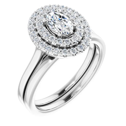 Oval White Gold Double Halo Solitaire Moissanite Engagement Ring 