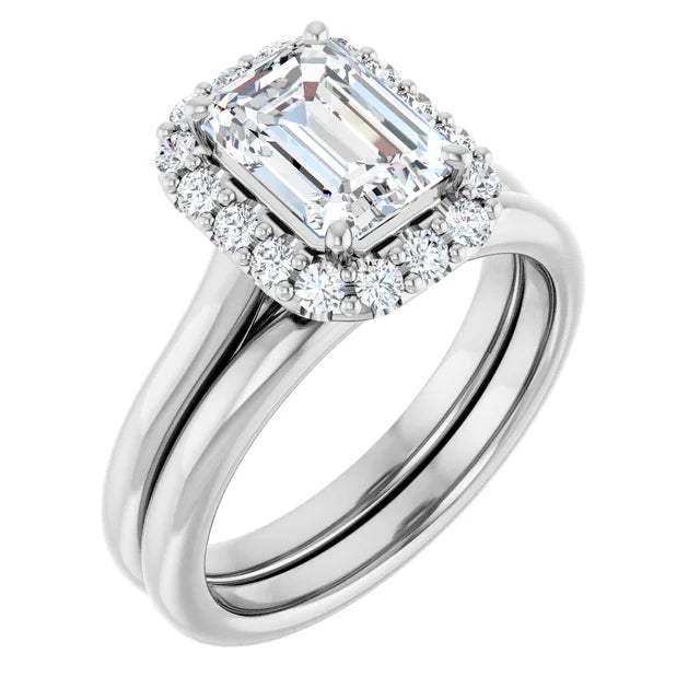 Emerald Halo Solitaire White Gold Moissanite Engagement Ring 