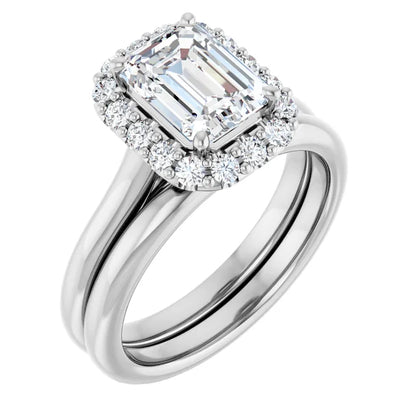 Emerald Halo Solitaire White Gold Moissanite Engagement Ring 