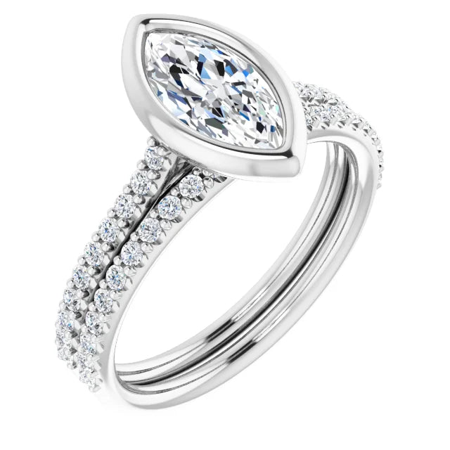 Marquise White Gold Bezel Pave Moissanite Engagement Ring 