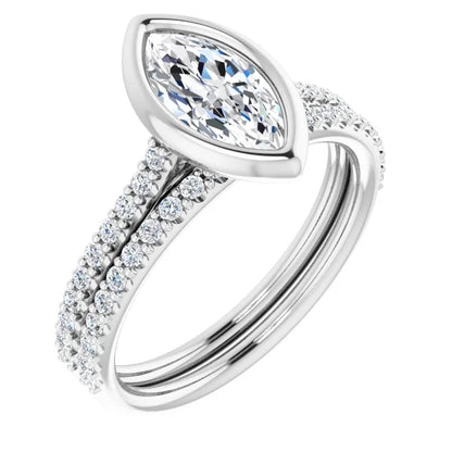 Marquise White Gold Bezel Pave Moissanite Engagement Ring 