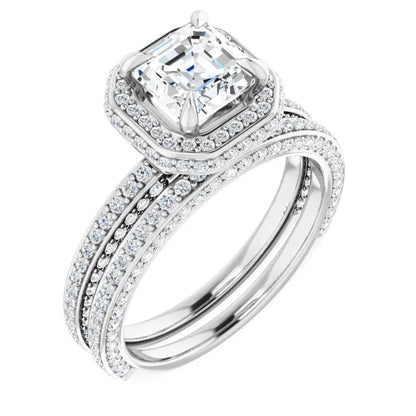 Asscher White Gold Halo Pave Style Moissanite Engagement Ring 
