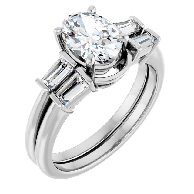 Oval White Gold Baguette Accent Moissanite Engagement Ring 