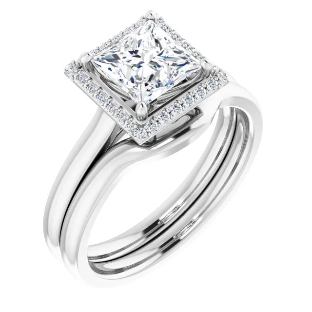 White Gold Princess Halo Solitaire Engagement Ring. Moissanite  
