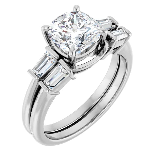 Cushion White Gold Baguette Accent Moissanite Engagement Ring 
