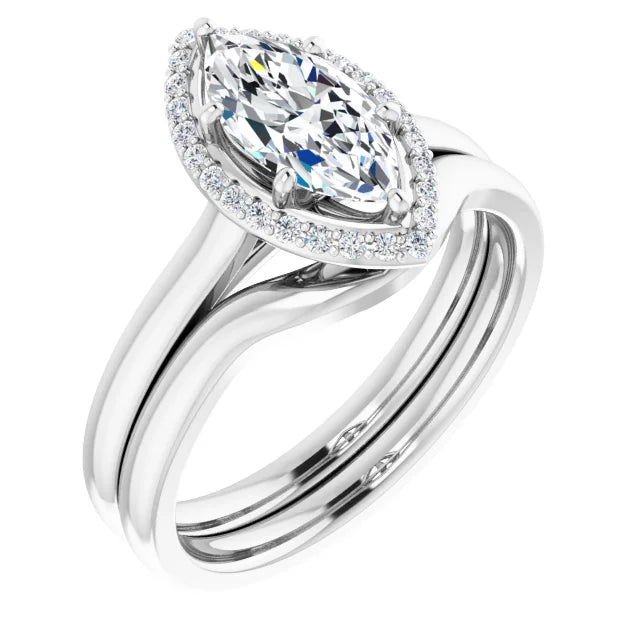 White Gold Marquise Halo Solitaire Engagement Ring. Moissanite 