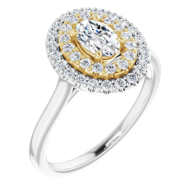 Oval White & Yellow Gold Double Halo Solitaire Moissanite Engagement Ring 