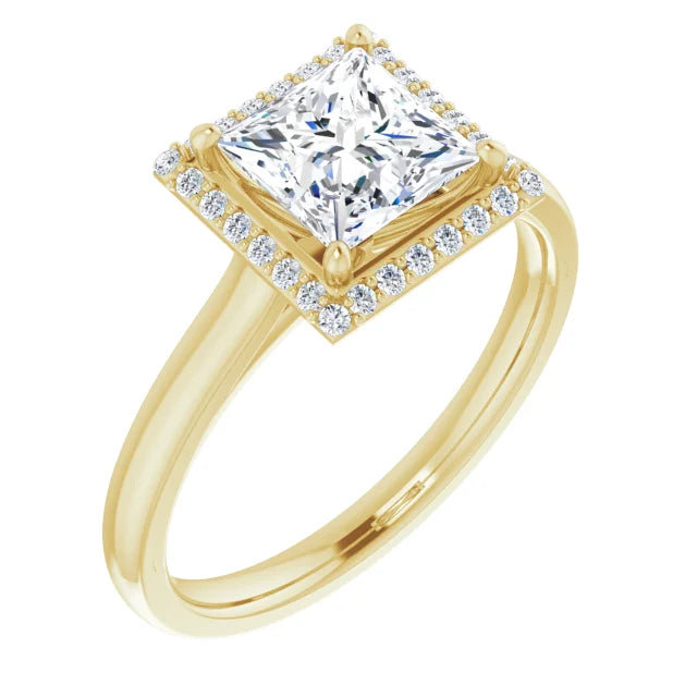 Yellow Gold Princess Halo Solitaire Engagement Ring. Moissanite  