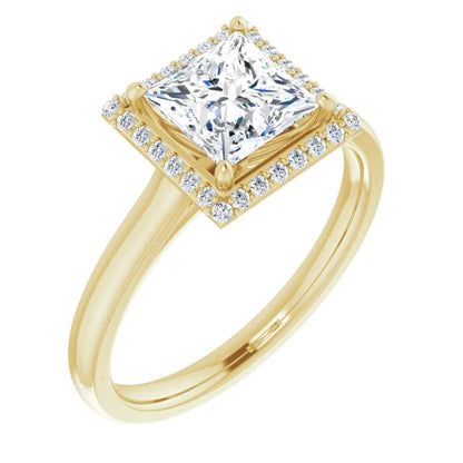 Yellow Gold Princess Halo Solitaire Engagement Ring. Moissanite  