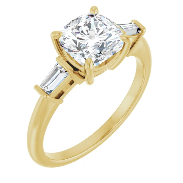 Cushion Yellow Gold Baguette Accent Moissanite Engagement Ring 