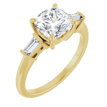 Cushion Yellow Gold Baguette Accent Moissanite Engagement Ring 