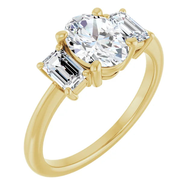 Oval Yellow Gold Tri Stone Moissanite Engagement Ring 