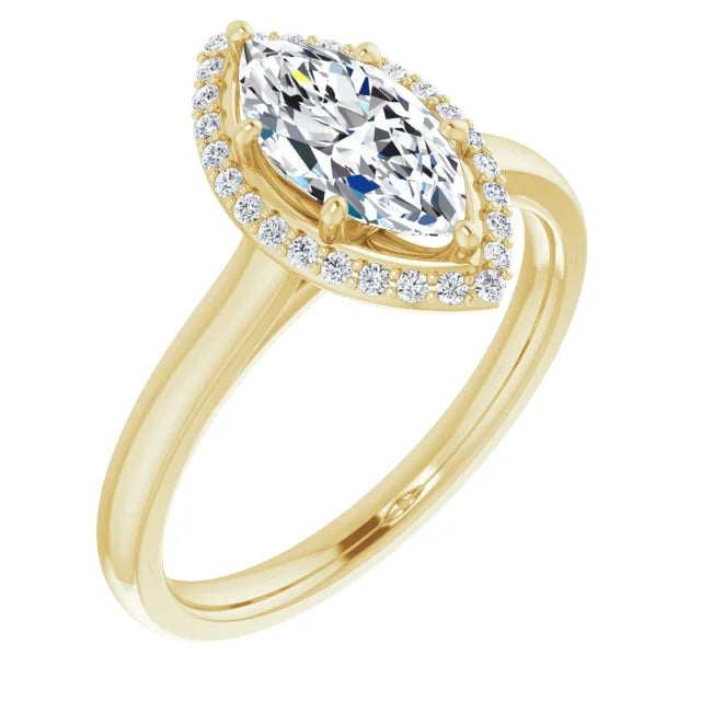 Yellow Gold Marquise Halo Solitaire Engagement Ring. Moissanite 