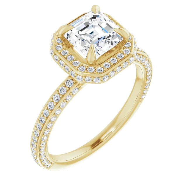Asscher Yellow Gold Halo Pave Style Moissanite Engagement Ring 